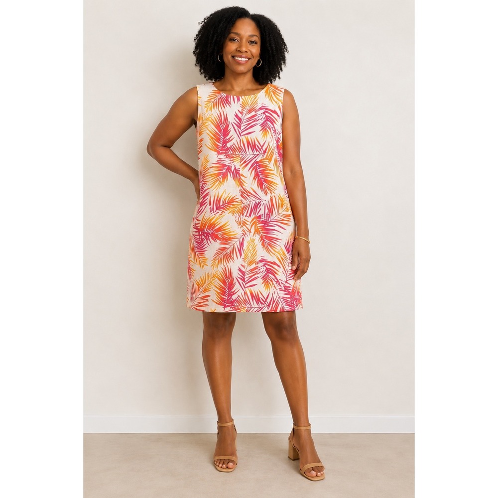 J.Jill Linen Tropical Palm Leaf Shift Dress Pink Orange Size 8